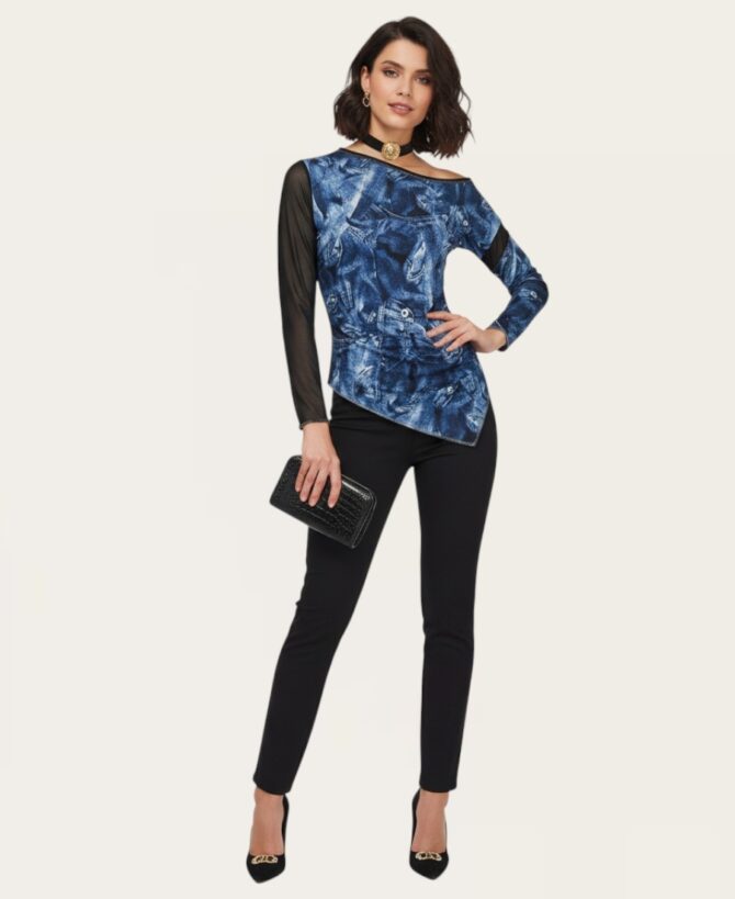 Jeans Print Asymmetrical Top ZN18001