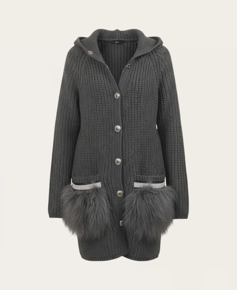 089 – Cardigan with chain Trim Fur pocket – 1