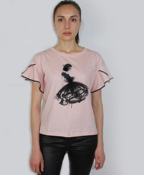 T-shirt with ribbon sleeves and dancing lady ST-679