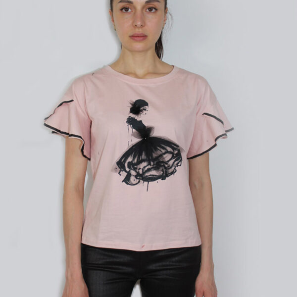 T-shirt with ribbon sleeves and dancing lady ST-679