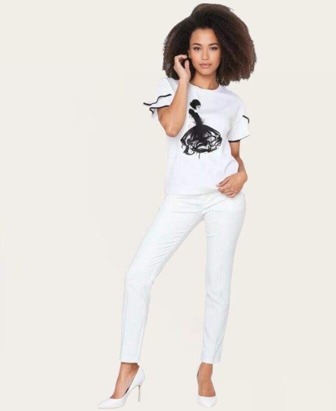 T-shirt with ribbon sleeves and dancing lady ST-679