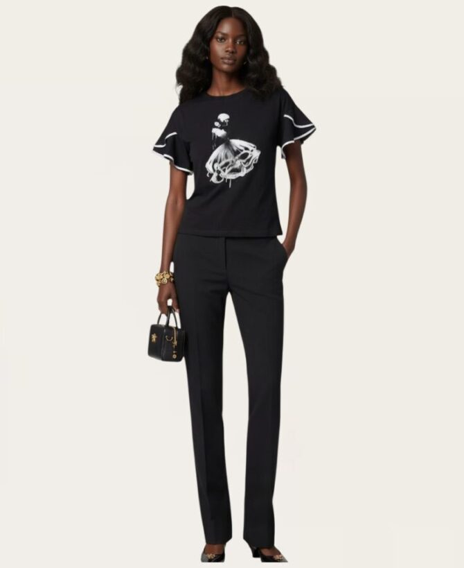 T-shirt with ribbon sleeves and dancing lady ST-679