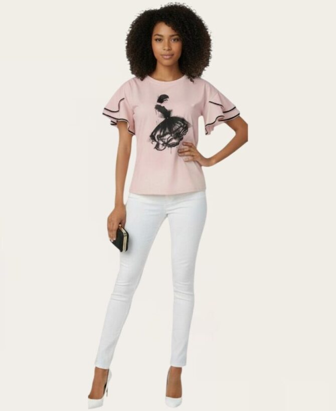 T-shirt with ribbon sleeves and dancing lady ST-679