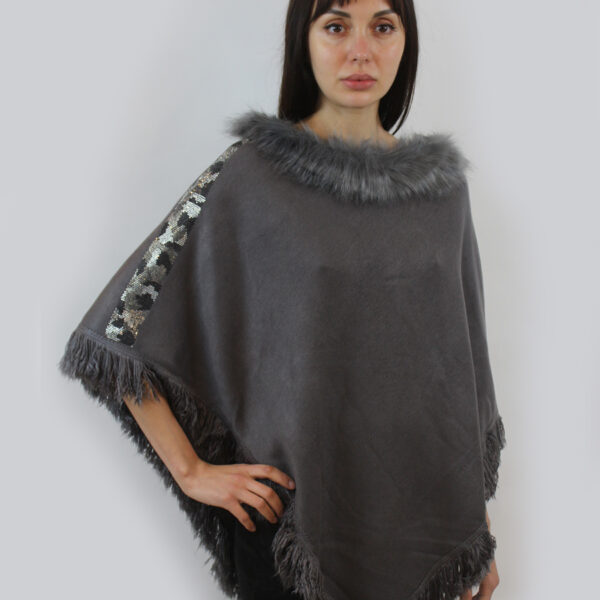 Snakeskin Design Fur Trim Poncho PO-421