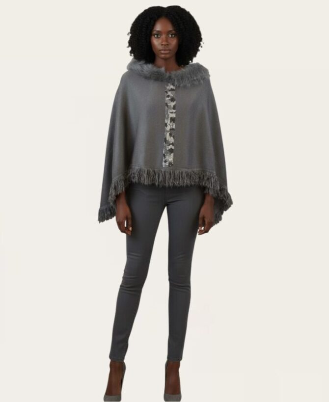 Snakeskin Design Fur Trim Poncho PO-421