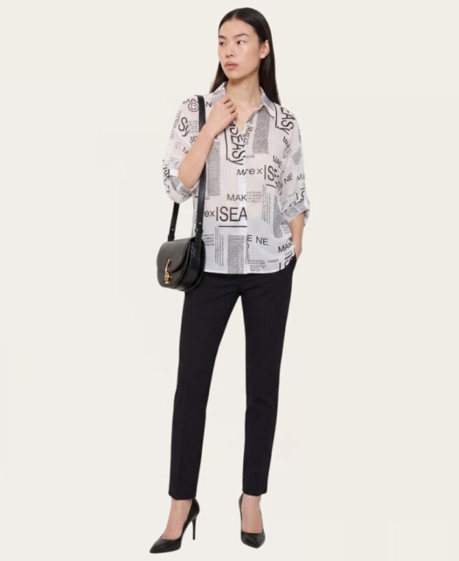 White Newspaper and Typography Roll-Tab Sleeve Shirt SL-4761