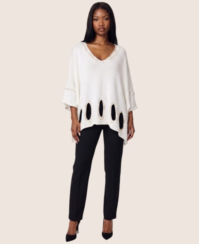 White Distressed Cutout Oversized Poncho Knit Sweater ISW-7037