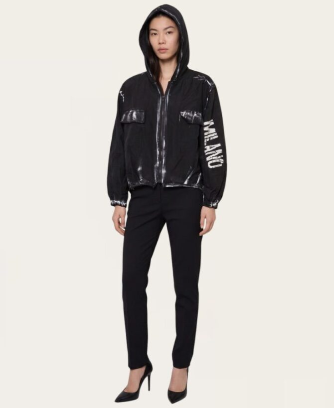 Black Distressed Border “MILANO” Graphic Hooded Jacket SL-472-