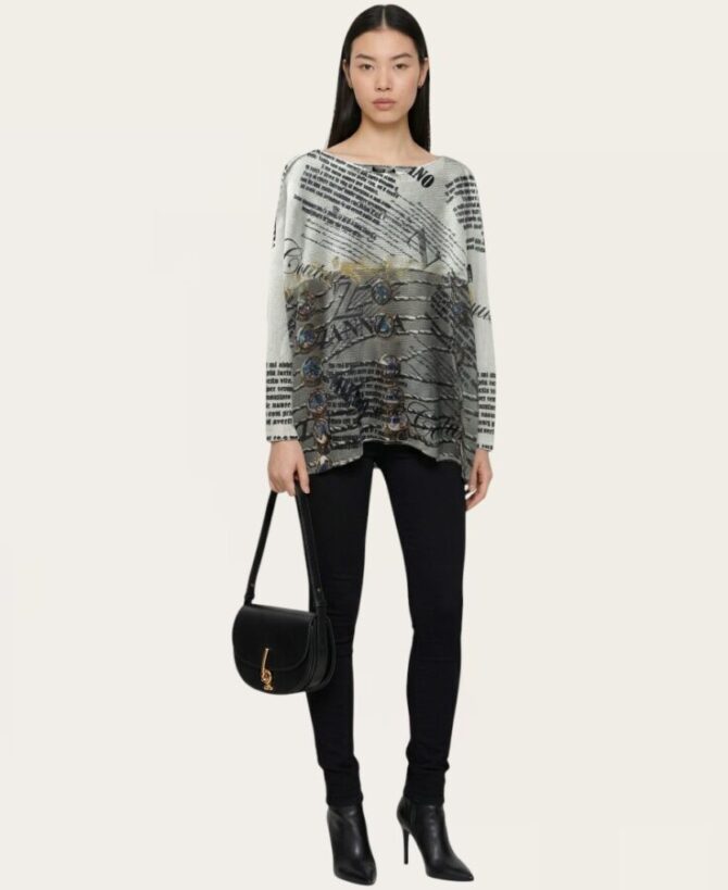 White Newspaper Collage Foil-Detail SWEATER Pullover ISW-47