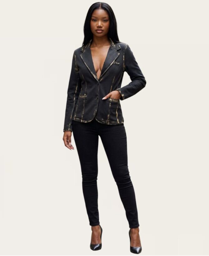 Black Distressed Denim-Look Fitted Blazer IST-514721