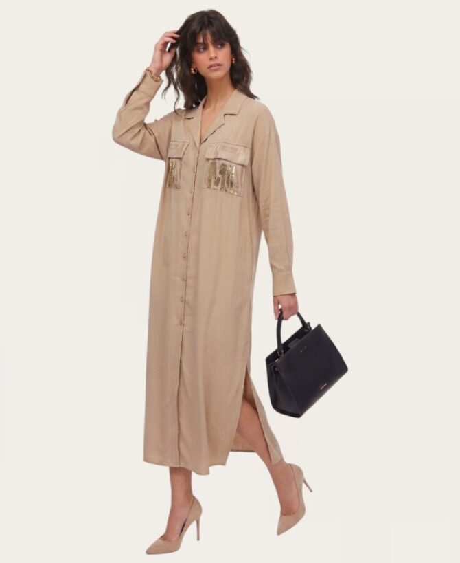 Beige Metallic Gold-Fringed Midi Shirt Dress SL-576