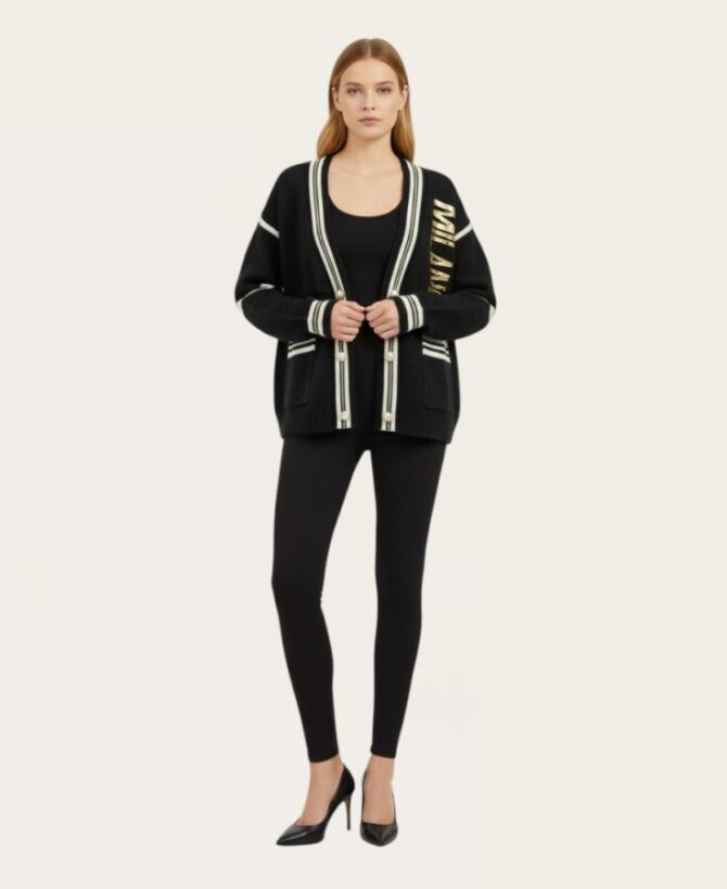 Black and White Collegiate “MILANO” Gold-Foil Cardigan SL-754-